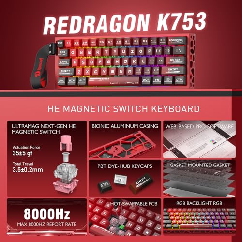 Redragon K753 HE Rapid Trigger Gaming Keyboard, 60% 61 Keys Wired Mechanical Keyboard w/Hype-Red Hollowed-Out Aluminum Base, Next-Gen UltraMag 100% POM Silky Rappid Trigger Magnetic Switch - color: Hype Red (CNC HE Version)