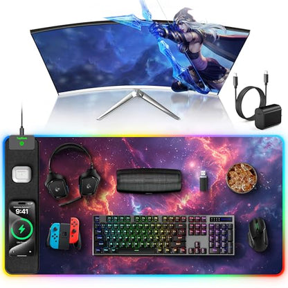 TopMade Wireless Charging Mouse Pad, RGB Gaming Mousepad Home Office Desk Pad, 31.5” x 15.8” Large Desk Mat, Waterproof Keyboard Pad, Red Nebula (Includes 20W PD Power Adapter & 6.56ft Woven Cable) - color: Upgraded Rgb - Red Nebula With Adapter