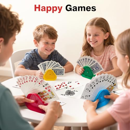 Playing Card Holders 8 Pack - Triangle Hands Free Card Holder for Kids, Adults, Seniors | Plastic Card Holders for Poker, Game Nights, Classroom Activities (4 Colors)