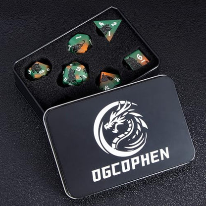 Metal DND Cat Dice 7PCS Polyhedral RPG Dice Set with Gift Case for Dungeons Dragons Role Playing Game, D and D Dice D6 D8 D10 D12 D20 D% (Orange Green) - color: Cat-orange Green&black