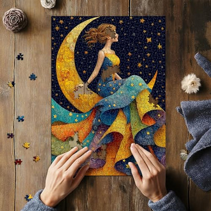 Impossible Puzzles for Adults 1000 Pieces, Pretty Woman Night Scenic Puzzles, Nature Moon Star Jigsaw Puzzles Elegant Lady, Beautiful Woman Art Wall Decor - style: Woman of Star & Moon puzzle