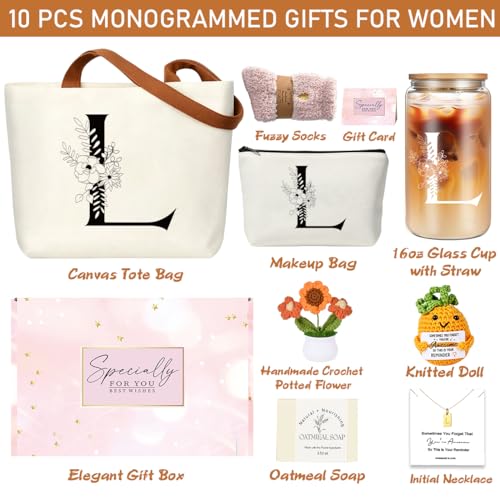 DHQH Birthday Gifts for Women, Monogrammed Gifts Gifts Box Included 16 oz Initial Glass Drinking Cup,Canvas Tote Bag, Personalized Iced Coffee Tumbler Gift for Women Her Mom Teacher Friends Sister, L - color: letter-cup-l
