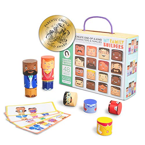 48-Piece Magnetic Wooden Figures with Activity Cards | Multicultural figures in four skin tones for preschool classrooms and child care, cards in English, French and Spanish - size: 48 Piece Set