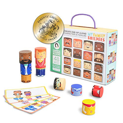 48-Piece Magnetic Wooden Figures with Activity Cards | Multicultural figures in four skin tones for preschool classrooms and child care, cards in English, French and Spanish - size: 48 Piece Set