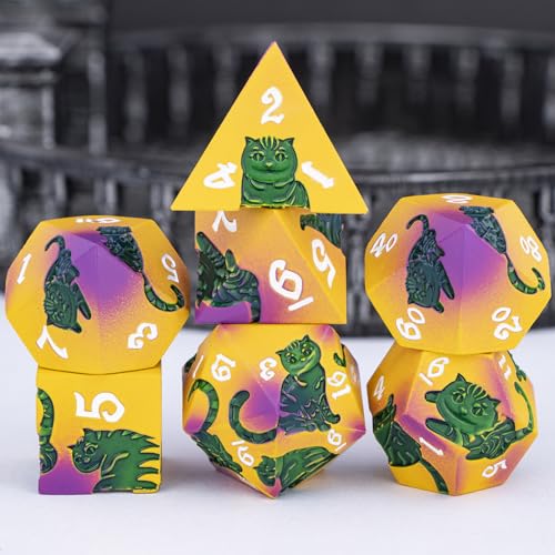 Metal DND Cat Dice 7PCS Polyhedral RPG Dice Set with Gift Case for Dungeons Dragons Role Playing Game, D and D Dice D6 D8 D10 D12 D20 D% (Yellow Green) - color: Cat-red Yellow&green