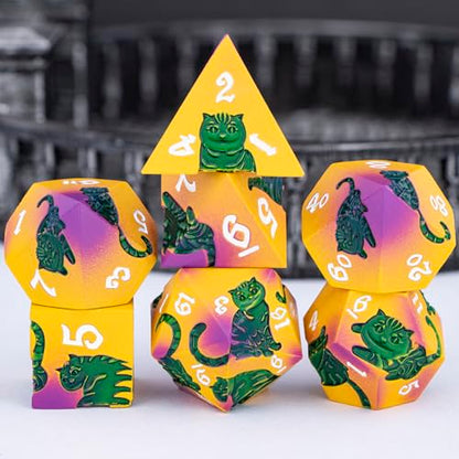 Metal DND Cat Dice 7PCS Polyhedral RPG Dice Set with Gift Case for Dungeons Dragons Role Playing Game, D and D Dice D6 D8 D10 D12 D20 D% (Yellow Green) - color: Cat-red Yellow&green