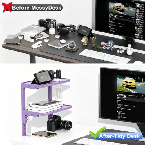 2-Tier Desk Shelf, Expandable Under Desk Storage, Clamp on Desk Shelf, Desktop Accessories for Offices, Study Rooms, and Game Rooms (Purple) - color: Purple