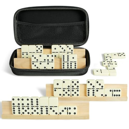 Dominos Set for Adults with 4 Wooden Racks,Double 6 Dominoes Set with Portable Case, 28 Standard Domino Tiles for Family Board Games