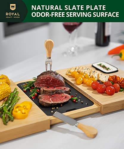 ROYAL CRAFT WOOD Extra Large Bamboo Charcuterie Boards - Large Charcuterie Board Set w/ 3 Sauce Bowls, 4 Knives & Slate Plate - Unique Cheese Board & Serving Tray - Ideal Housewarming Gift - style: 5-8 Guests