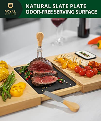 ROYAL CRAFT WOOD Extra Large Bamboo Charcuterie Boards - Large Charcuterie Board Set w/ 3 Sauce Bowls, 4 Knives & Slate Plate - Unique Cheese Board & Serving Tray - Ideal Housewarming Gift - style: 5-8 Guests