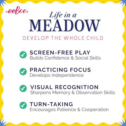 eeBoo Life in a Meadow Memory & Matching Game, Ages 3+, 1-4 Players | Introduces woodland flora & fauna. Sharpens recognition, concentration & memory skills. Includes 48 hexagonal tiles, 24 pairs - style: Life in a Meadow
