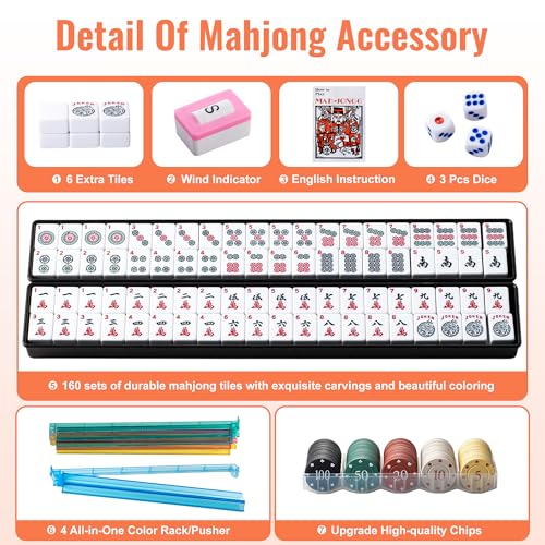 Premium American Mahjong Set, 166 Scratch-Resistant Melamine Tiles with 4 All-in-One Racks & Pushers, Thick Numbered Scoring Chips, Jungle Canvas Tote Bag for Easy Storage, Travel & Gifting (Beginner)