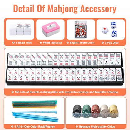 Premium American Mahjong Set, 166 Scratch-Resistant Melamine Tiles with 4 All-in-One Racks & Pushers, Thick Numbered Scoring Chips, Jungle Canvas Tote Bag for Easy Storage, Travel & Gifting (Beginner)
