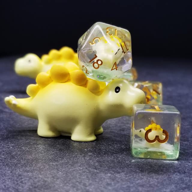 Sage's Portal Familiars Dice and Toy Set Combo Resin DND Dice Set Polyhedral Dice Set for Dungeons and Dragons RPG Pathfinder Tabletop TTRPG (Yellow Stegosaurus + Figurine) - color: Yellow Stegosaurus, style: Dice Set +Mini Figure