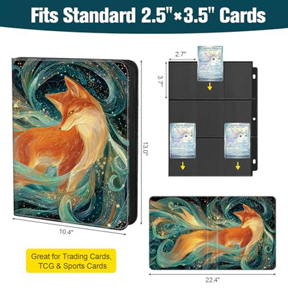 Trading Card Binder 9 Pocket, 900-Pocket Zippered 3-Ring Card Binder with 50 Double-Sided Pages, Fits 2.5" x 3.5" Cards, Acid-Free PVC-Free, Water-Resistant PU Cover, Wrist Strap, Fox Design - color: Teal Swirl Fox