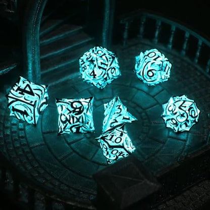 FONVGOGO Glow in The Dark Light up DND Dice Metal for Dungeons and Dragon 7 Polyhedral Dice Set Hollow Metal Vine D and D RPG Dice for Role Playing Game (Vine Glow Blue) - color: Vine Glow Blue
