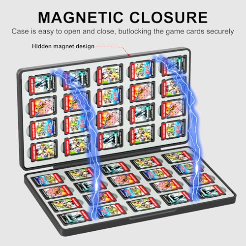Switch Game Case Compatible with All Models, 40 Cards & 80 SD Card Slots | PC material, with a Silicone Lining and an Automatic Magnetic Closure, the Card Slots are a 1:1 Match for the Original Cards