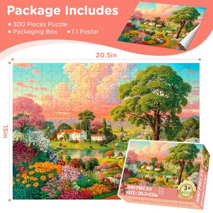 Puzzles 300 Piece for Adult,Farm Scenery Puzzle for Adult,Sunset Over a River Village Puzzle for Adults Kids Seniors,Interlock Perfectly No Dust,Fun Landscape Challenge Puzzles as Home Decor,20.5x15In