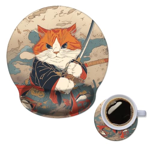 Mouse Pad with Wrist Support, Ergonomic Mouse Pad with Memory Foam Wrist Rest Cushion, Non-Slip Rubber Base Gaming Mice Pad for Home Office Computer Laptop,Japanese Cat - color: Japanese Cat