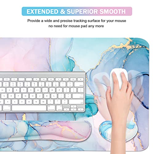 4-in-1 Large Gaming Mouse Pad, Keyboard Wrist Rest Pad & Wrist Support Mousepad Set, Extended Desk Pad Waterproof Desk Mat for Home Office Study Game - Blue - color: Blue Marble