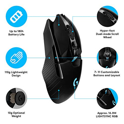 Logitech G903 Lightspeed Wireless Gaming Mouse - Black | 140+ Hour Rechargeable Battery, LIGHTSYNC RGB, Powerplay Compatible, Ambidextrous Design, 107G+10G Optional Weight