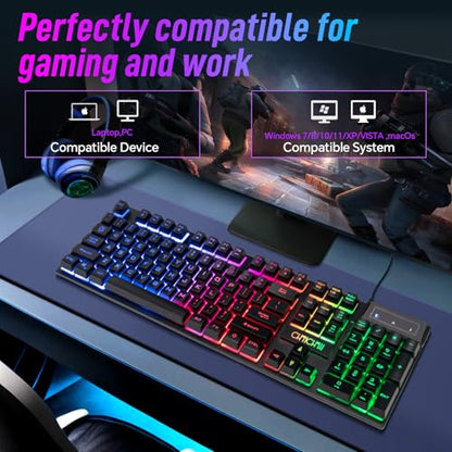 CHONCHOW Wired Gaming Keyboard, Light Up with Anti-Ghosting Keys | 104 Keys Full Size Ergonomic Design Cheap Keyboard LED Backlit for PC Mac Laptop Desktop, Gaming or Office