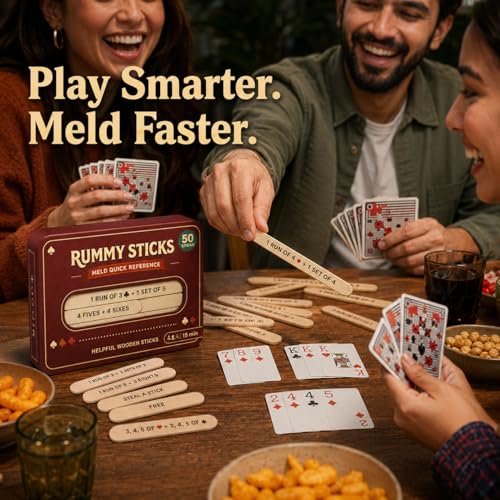 Rummy Sticks Card Game Set with 50 Sticks, for 2-8 Players, Portable Travel Game with Box and Instructions for Family Game Night and Gatherings