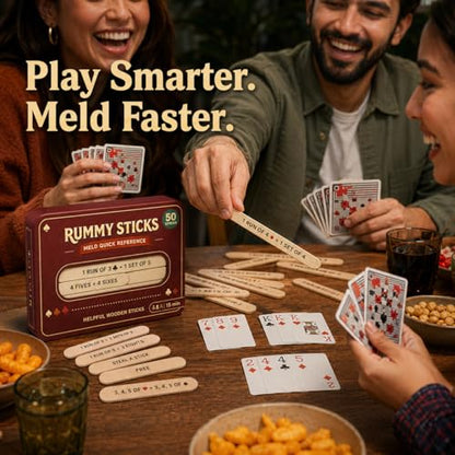 Rummy Sticks Card Game Set with 50 Sticks, for 2-8 Players, Portable Travel Game with Box and Instructions for Family Game Night and Gatherings