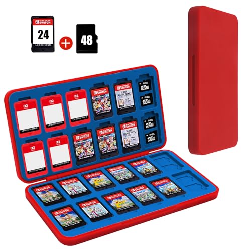 FYY Nintendo Switch Game Case Holder for Switch 2 Cartridge, Red & Blue | 24 Game Card Slots & 48 Micro SD Card Slots, Hard Shell, Silicone Lining - color: B-Red Blue