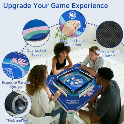 Mahjong Mat 2025 Upgraded No-Crease & No Odor Design, 32.3 Inch with Waterproof Velvet, Non-Slip PU Silicone, Lightweight for Noise Reduction, Includes Printed Rules for Tiles and Cards (Ocean-Blue) - color: Ocean-blue
