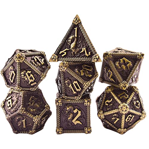 AUSTOR 7-Die Metal DND Dice Set Dungeons and Dragons Polyhedral Roll Playing Dice with Box D20 D12 D10 D% D8 D6 D4 for Pathfinder MTG RPG Board Games - color: Antique Bronze