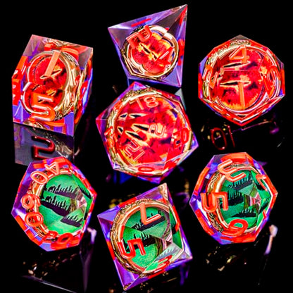 Magic Golden Ring DND Dice Set Sharp Edge Red Gaze Eye Resin Dice with Box, for use with RPG D&D Tabletop Games Lord D and D Polyhedral Dice Set - color: Ring -Eye-purple Red