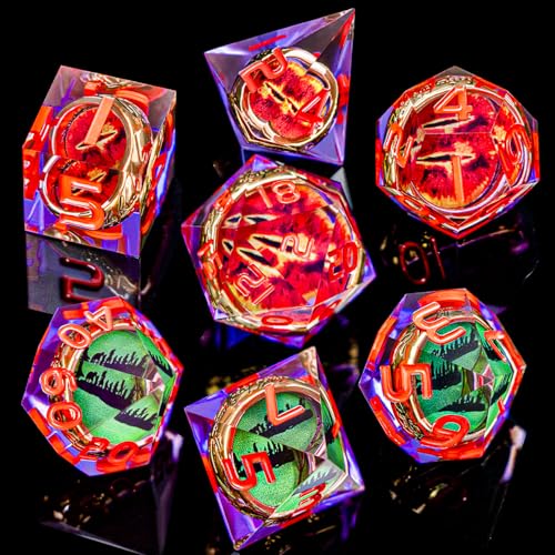 Magic Golden Ring DND Dice Set Sharp Edge Red Gaze Eye Resin Dice with Box, for use with RPG D&D Tabletop Games Lord D and D Polyhedral Dice Set - color: Ring -Eye-purple Red