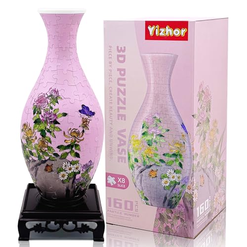 3D Puzzle Vase for Adults, 160-Piece DIY Flower Vase Puzzle | Curved plastic DIY craft kit, unique flower vase for flower arrangements, housewarming gifts and home decor - color: Pink Chrysanthemum