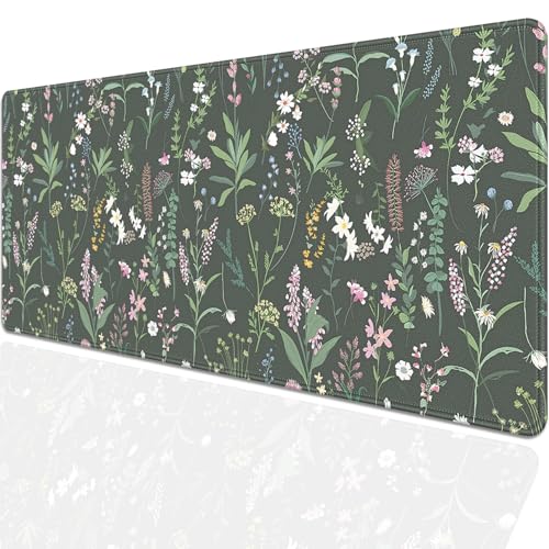 Green Plant and Floral Mouse Pad,Large Flowers Mousepad Desk Pad with Stitched Edges,Non-Slip Waterproof Rubber Base Mouse Mat for Office Computer Keyboard Laptop Home 27.5x11.8 in - color: Black background with small flowers