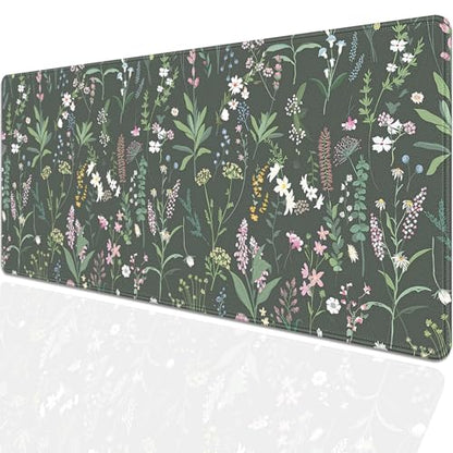 Green Plant and Floral Mouse Pad,Large Flowers Mousepad Desk Pad with Stitched Edges,Non-Slip Waterproof Rubber Base Mouse Mat for Office Computer Keyboard Laptop Home 27.5x11.8 in - color: Black background with small flowers