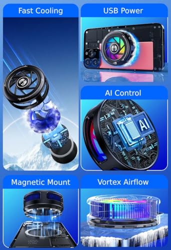 Phone Cooler for Gaming, Low Noise USB Cell Phone Cooler with Smart Temp Control, Phone Cooling Fan with RGB LED Lights, Magnetic Ring & Clip Fan for Phone Gaming & Streaming - color: Gray