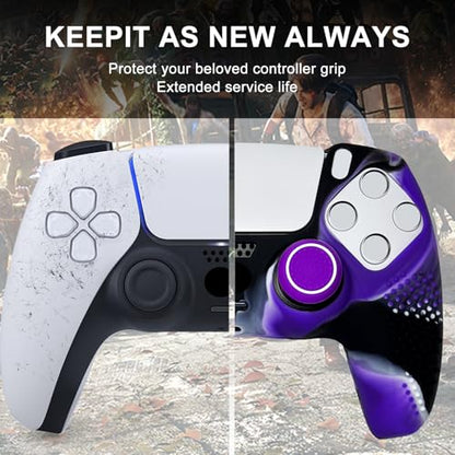 Anti-Slip Purple&Black Controller Skin,Studded Edition Protective Silicone Cover Skin Grips Compatible with PS5/Slim/Pro Controller and 6 PCS Thumb Grips Caps. - color: Purple & Black