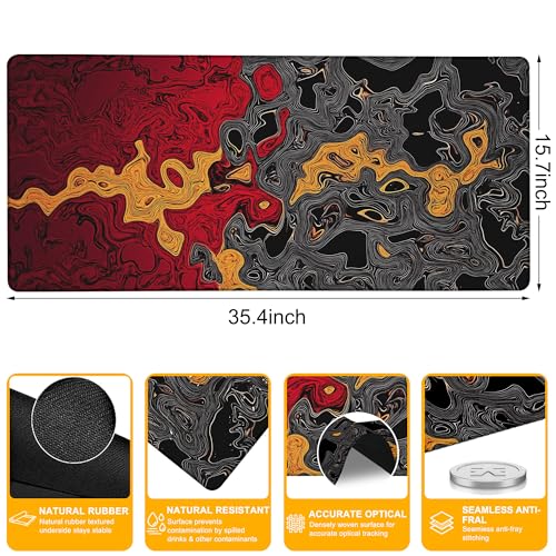 Large Gaming Mouse Pad Abstract Red and Black Fluid Extended Computer Keyboard Mousepad with Non-Slip Rubber Base Stitched Edge Waterproof Big Long Laptop Pad for Gamer Office Home 35.4"X 15.7" - color: Dragon Confrontation