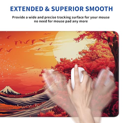 Red Japanese Sea Wave Mouse Pad Abstract Red Mouse Pad 31.5x11.8 Inch Texture Non-Slip Rubber Base Large Mousepad Stitched Edges Keyboard Mouse Mat Desk Pad for Office and Home - color: Red Japanese Sea Wave