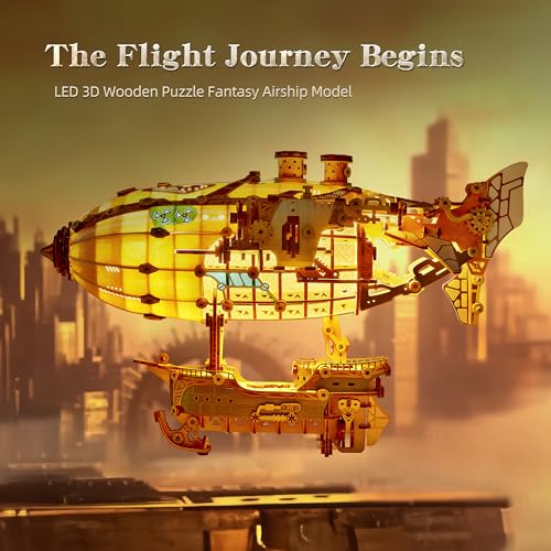 FUNPOLA LED 3D Wood Puzzle Fantasy Airship Model - Steampunk DIY Craft Kit with LED Lights – Intricate Wooden Airship Model Building Set for Adults(White) - color: White