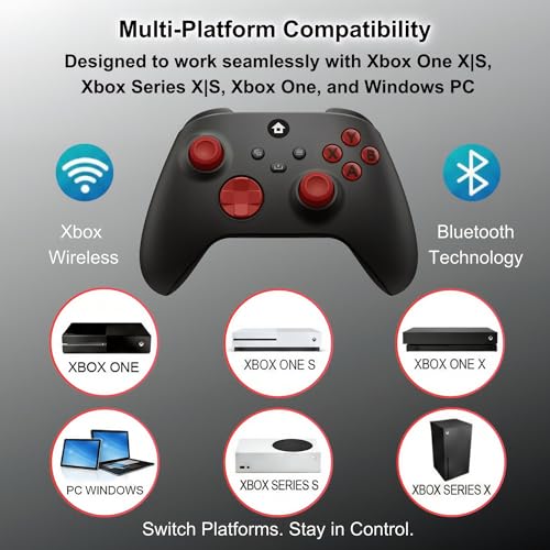 CRUAYA Wireless Gaming Controller Compatible with Xbox Series X|S, Xbox One and Windows PC with Rechargeable 1400mAh Battery Display, Bluetooth Gaming Controller, USB-C, 3.5mm Audio Jack, Black and Red Design