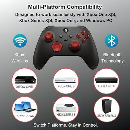 CRUAYA Wireless Gaming Controller Compatible with Xbox Series X|S, Xbox One and Windows PC with Rechargeable 1400mAh Battery Display, Bluetooth Gaming Controller, USB-C, 3.5mm Audio Jack, Black and Red Design