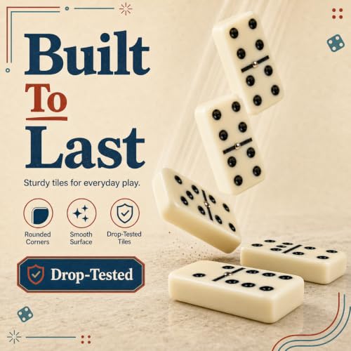 Smilejoy Jumbo Dominoes Set for Adults, Double 6 Domino with Wooden Box | 28 Jumbo Retro Ivory tiles, Prime wood Box, Metal Spinner,recessed mark, for 2-4 players, Board Game,Festival Gift choice
