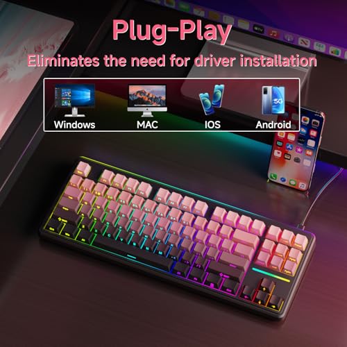 EWEADN V80 Wired TKL RGB Gaming Keyboard, 80% Compact Layout with PBT Keycaps, Whisper Quiet Membrane Switch, 26-Key Anti-Ghosting, Ergonomic Computer Keyboard for Laptop PC Gamer - BlackBerry Pink - color: BlackBerry Pink