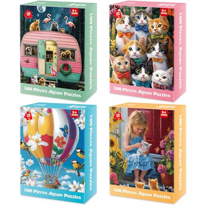4-Pack 100 Piece Puzzles for Kids Ages 4-6, 6-8 | RV Trailer, Hot Air Balloon, Girl & Cats | Engaging & Educational Jigsaw Puzzles for Girls and Boys - style: Hot Air Balloon