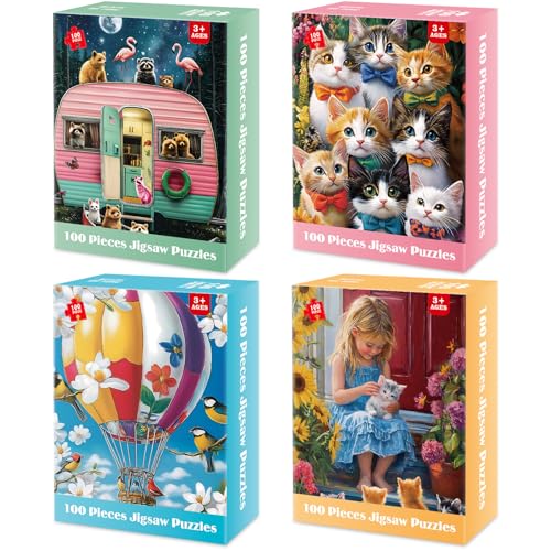 4-Pack 100 Piece Puzzles for Kids Ages 4-6, 6-8 | RV Trailer, Hot Air Balloon, Girl & Cats | Engaging & Educational Jigsaw Puzzles for Girls and Boys - style: Hot Air Balloon