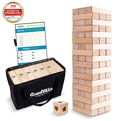 Giantville Giant Tumbling Timber Toy - X-Large Premium Pine Wood Life-Size Blocks Tower - Floor/Board Indoor/Outdoor Yard Game - 54-Pieces + Dice + Carry Bag - Grows to Almost 4-Feet - 2025 Version - size: X-Large
