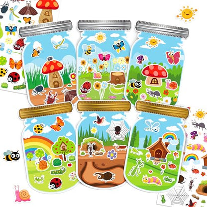 24 Sheets Insect Stickers with Jar Scenes, Make Your Own Bug Jar Stickers, Spring Crafts Activities for Kids Spring Party Decorations Supplies for Kids - style: Bugs Jar 24 Sheets