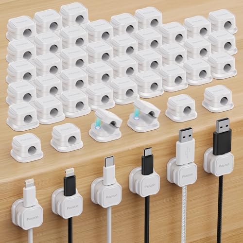 48 Pack Magnetic Cable Clip Organizer Cord Holder, Picozon Adhesive Cable Management, Wire Phone USB Charger Cable Holder, Keeper Organizer for Office Home Desktop Table - White - size: Pack of 48